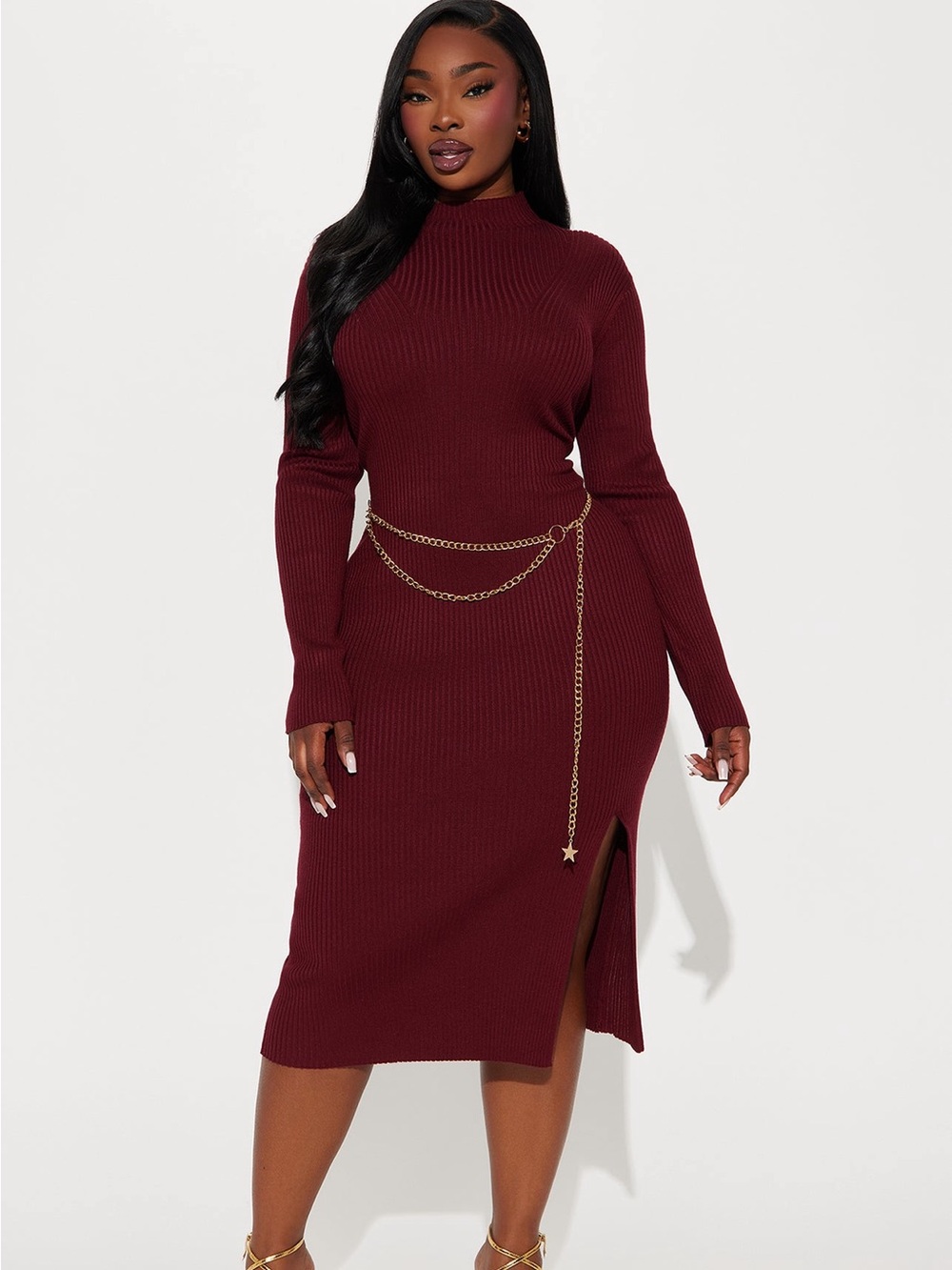 Fashion Nova Burgundy Ribbed Long Sleeve Midi Dress